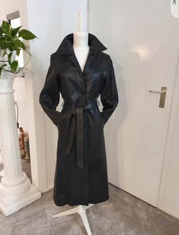 Zwarte leren trenchcoat maat 34/36 beschikbaar voor biedingen