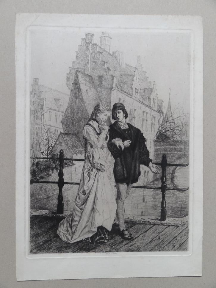 Jong stelletje in middeleeuwse kleding op een brug, W. Geets, Antiek en Kunst, Kunst | Etsen en Gravures, Verzenden