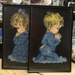 Keurig ingelijst borduurwerk biddend jongen - meisje, Ophalen of Verzenden, Onbekend, Onbekend, Onbekend