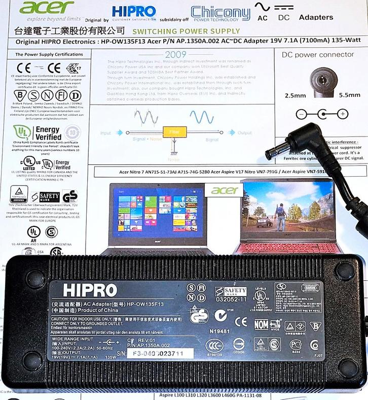 Hipro HP-OW135F13 Acer Asus Adapter 19V 7.11A 135W Oplader, Computers en Software, Laptop-opladers, Refurbished, Ophalen of Verzenden