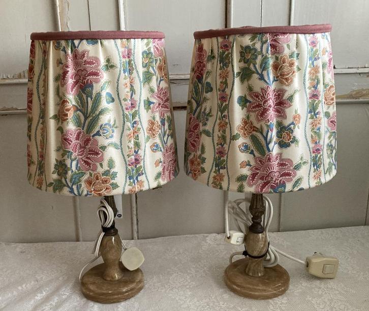 2x Brocante lamp - schemerlamp - tafellamp met kap / Albast, Huis en Inrichting, Lampen | Tafellampen, Gebruikt, Minder dan 50 cm