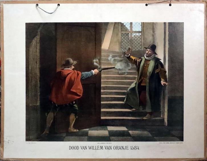 Dood van Willem van Oranje 1584 / H.A. va Trigt, Antiek en Kunst, Antiek | Schoolplaten, Geschiedenis, Ophalen