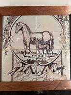 Antiek Tegel Tableau Paard met Veulen Ingelijst Hout Vintage, Ophalen of Verzenden