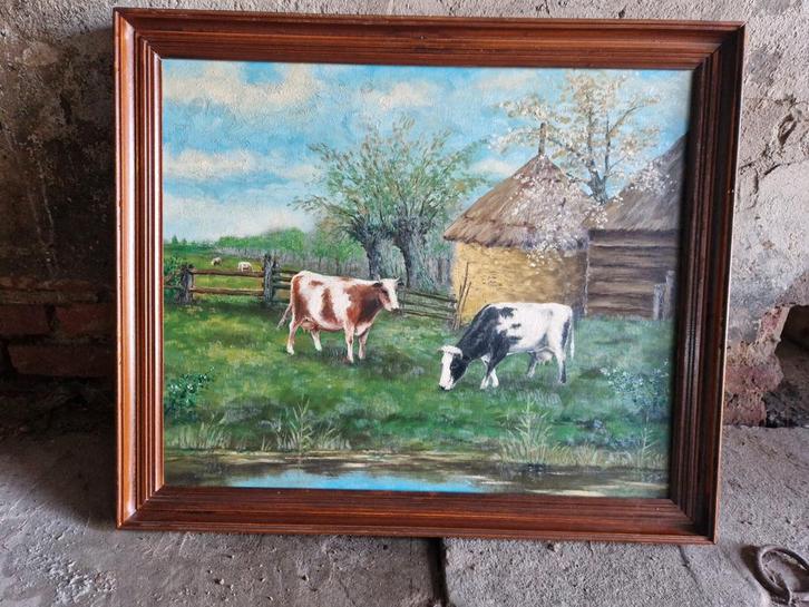 Koeienschilderij met donker eiken lijst, Antiek en Kunst, Kunst | Schilderijen | Klassiek, Ophalen of Verzenden