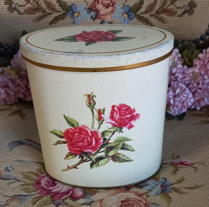 Leuk oud brocant blik, crème, roze rozen, Tchibo, Antiek en Kunst, Curiosa en Brocante, Ophalen of Verzenden