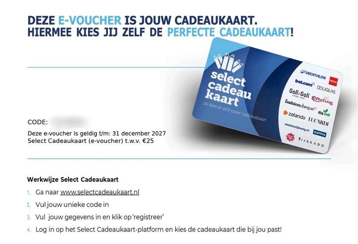Select cadeaukaart twv € 25 euro, Tickets en Kaartjes, Kortingen en Cadeaubonnen, Eén persoon, VVV-bon, Cadeaubon