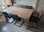 Houten eettafel set met 3 kunstleren stoelen en bank, Ophalen, Gebruikt, 50 tot 100 cm, Vijf personen of meer