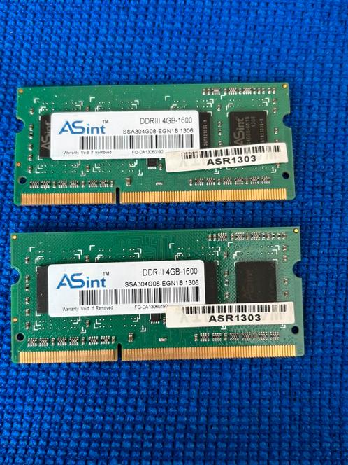 ASint ddr3 8gb (2x4gb) laptop geheugen, Computers en Software, RAM geheugen, Gebruikt, Laptop, 8 GB, DDR3, Ophalen
