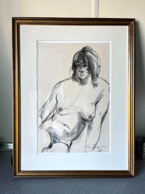 Hen Euverman - Poserend naakt - frontaal zittend - Tekening, Antiek en Kunst, Kunst | Schilderijen | Klassiek, Ophalen of Verzenden