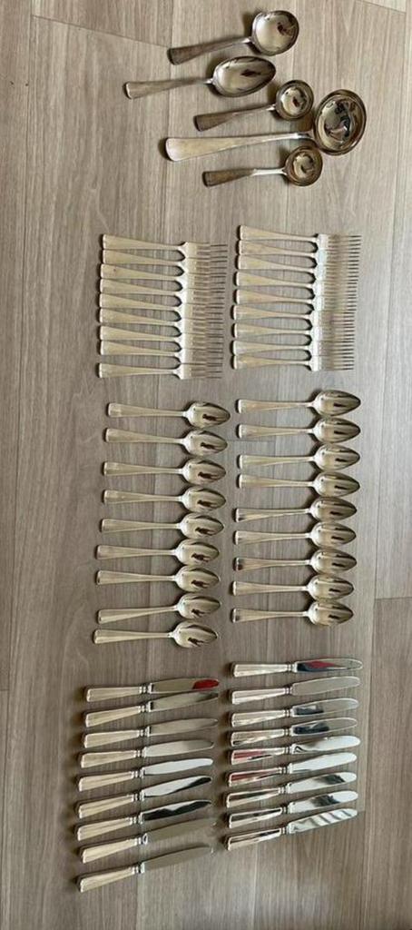 Verzilverd 9 persoonsbestek Haags lofje, Huis en Inrichting, Keuken | Bestek, Zo goed als nieuw, Zilver, Ophalen of Verzenden