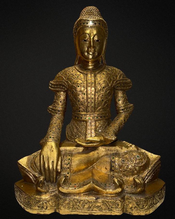 Mandalay Boeddha, hout met bladgoud, Huis en Inrichting, Woonaccessoires | Boeddhabeelden, Gebruikt, Ophalen of Verzenden