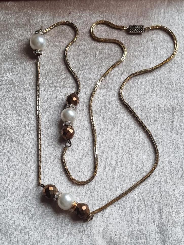 Vintage Ketting met Faux Parels & Facetkralen, Sieraden, Tassen en Uiterlijk, Kettingen, Gebruikt, Overige materialen, Beige, Met kristal