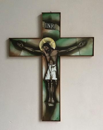 Groot Opaline gebrandschilderd kruis  Afmeting 47x36 cm beschikbaar voor biedingen