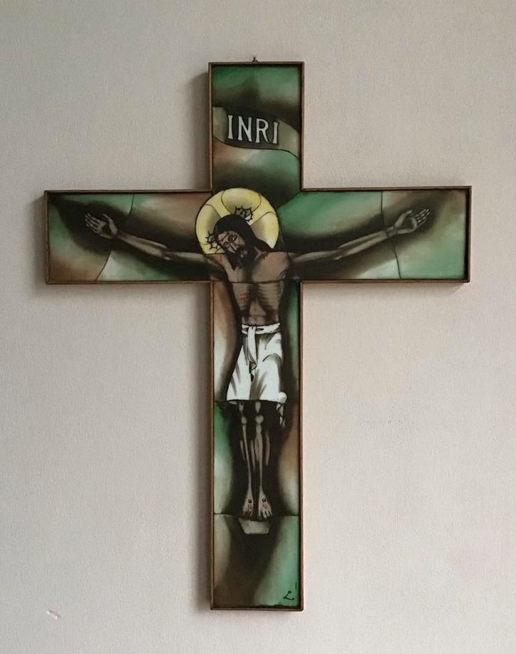 Groot Opaline gebrandschilderd kruis  Afmeting 47x36 cm, Antiek en Kunst, Antiek | Religie, Ophalen of Verzenden