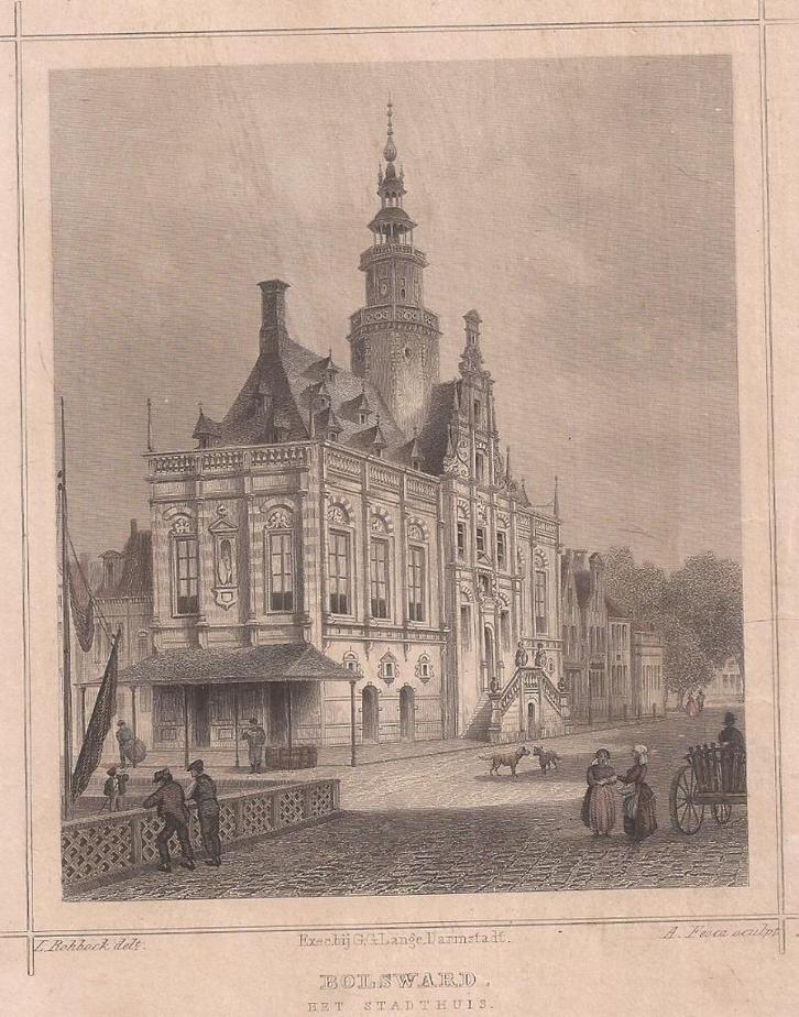 Bolsward Het Stadhuis 1858 Staalgravure Terwen, Antiek en Kunst, Kunst | Etsen en Gravures, Ophalen of Verzenden