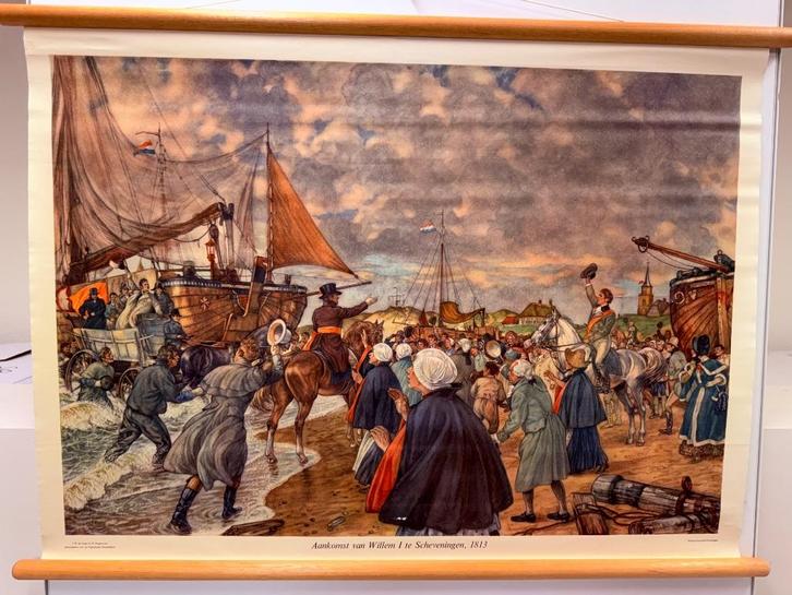 Historische schoolplaat Willem I in Scheveningen, Antiek en Kunst, Antiek | Schoolplaten, Geschiedenis, Ophalen of Verzenden