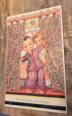 Jongen en meisje in pyjama gluren door gordijn, Verzenden, Ongelopen, Kinderen