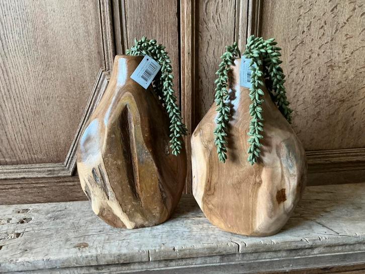 NIEUW set van 2 zwaar teak houten vazen, Huis en Inrichting, Woonaccessoires | Vazen, Nieuw, Ophalen of Verzenden