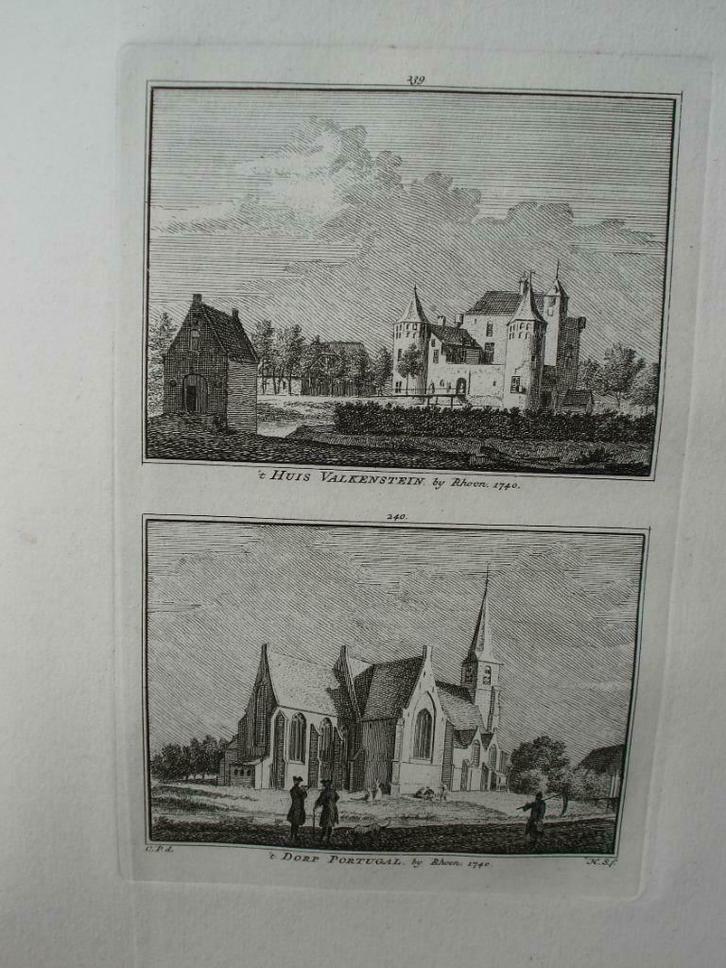 239-240 / Rhoon  Huis Valkenstein Portugal Kopergravure 1750, Antiek en Kunst, Kunst | Etsen en Gravures, Ophalen of Verzenden