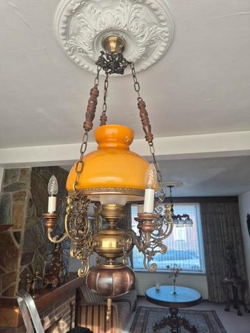 Vintage Hanglamp met Amberkleurige Kap beschikbaar voor biedingen