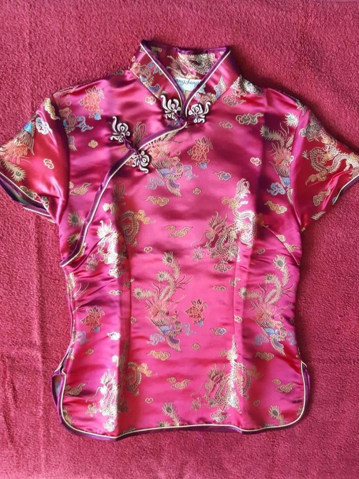Liang Jing zijden top Chinese blouse paars print, Kleding | Dames, Tops, Zo goed als nieuw, Maat 36 (S), Paars, Korte mouw, Ophalen of Verzenden