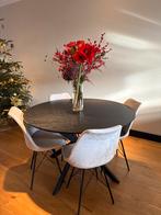 Eethoek: Zwarte ronde tafel + 4 beige velvet stoelen, Ophalen, Gebruikt, 100 tot 150 cm, Rond