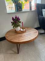 Salontafel rond hout met stalen poten, Huis en Inrichting, Tafels | Salontafels, Ophalen, 50 tot 100 cm, Rond, Zo goed als nieuw