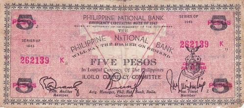 PHILIPPINE NATIONAL BANK FIVE PESOS 1943, Postzegels en Munten, Bankbiljetten | Europa | Niet-Eurobiljetten, Overige landen, Verzenden