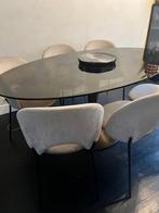 Moderne glazen eettafel + 6 taupe velvet stoelen, Ophalen, Gebruikt, 50 tot 100 cm, Vijf personen of meer