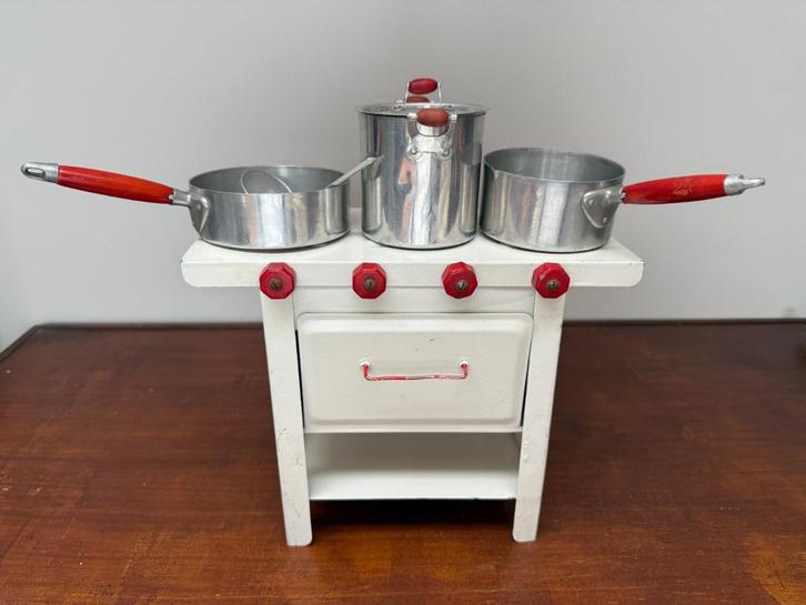 Vintage Mini Keuken oven fornuis Wit met pannen, Verzamelen, Poppenhuizen en Toebehoren, Gebruikt, Poppenhuis, Ophalen of Verzenden