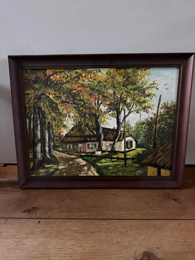 Schilderij van landelijk tafereel met boerderijen, Antiek en Kunst, Kunst | Schilderijen | Klassiek, Ophalen of Verzenden