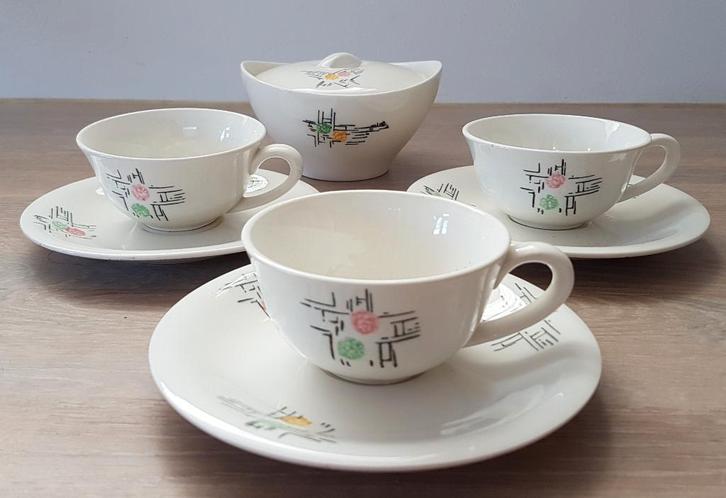 Gien, Dampierre, 3 kop en schotels en suikerpot, Antiek en Kunst, Antiek | Servies los, Ophalen of Verzenden