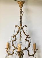 Drie armige Franse bronzen kroonluchter met kristalglas, Ophalen of Verzenden, Gebruikt, Glas