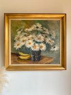 Vintage olieverf schilderij madeliefjes oude lijst 1965, Ophalen