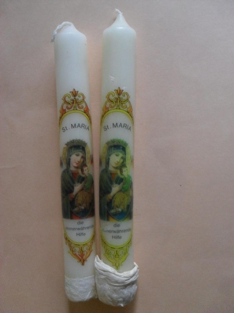 2 oude kaarsen H.Maria, Maria altijd durende bijstand, Antiek en Kunst, Ophalen of Verzenden