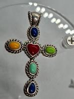 Zilveren kruis hanger met gekleurde stenen - 925, Ophalen of Verzenden, Zo goed als nieuw, Zilver, Zilver