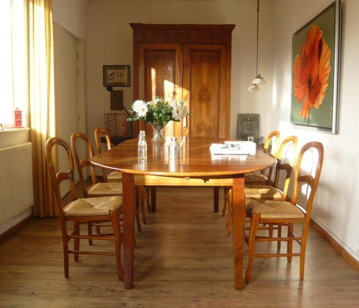 Zes fraaie antieke stoeltjes, biezen zittingen, Huis en Inrichting, Stoelen, Gebruikt, Vijf, Zes of meer stoelen, Hout, Bruin