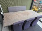 Boomstamtafel met bank en 3 stoelen op wielen, Huis en Inrichting, Tafels | Eettafels, Ophalen, Gebruikt, 100 tot 150 cm, Vijf personen of meer