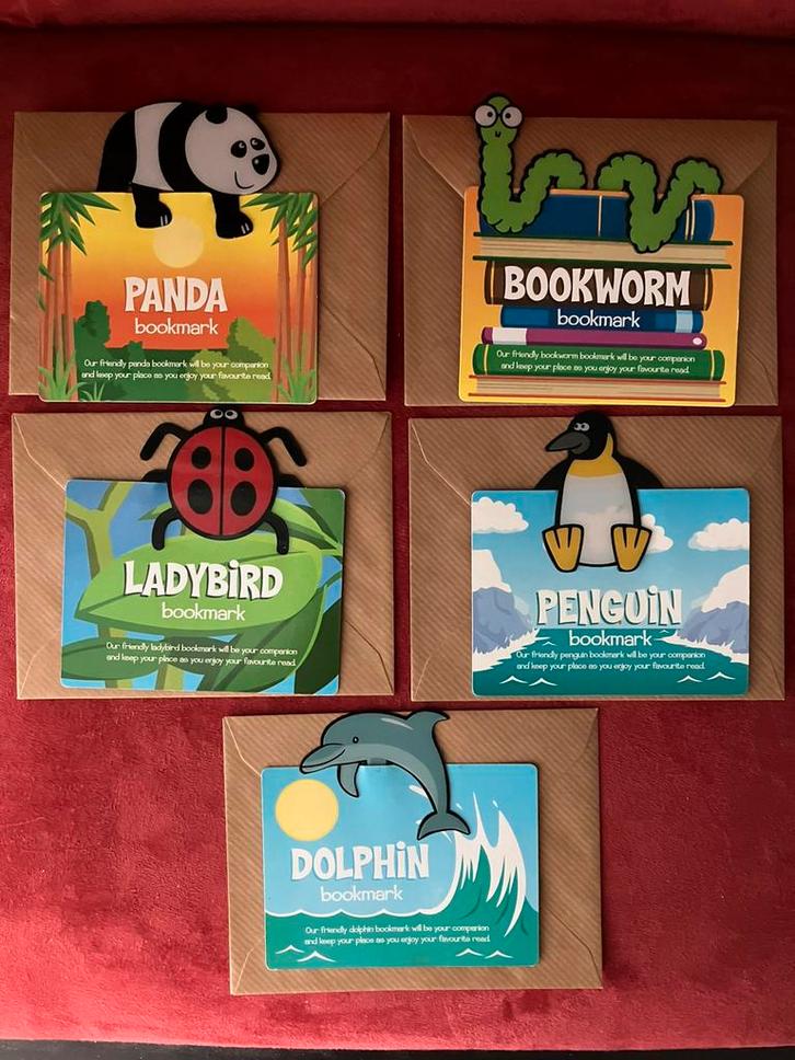 5 kinderboekenleggers o.a. panda worm pinguïn dolfijn, Verzamelen, Boekenleggers, Nieuw, Dier, Ophalen of Verzenden