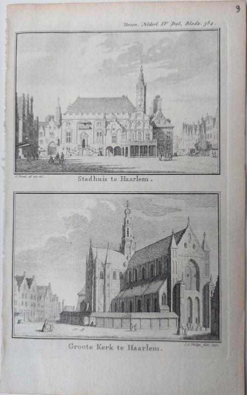 09 / Stad huis en Groote of St. Bavo Kerk te Haarlem, Antiek en Kunst, Kunst | Etsen en Gravures, Ophalen of Verzenden