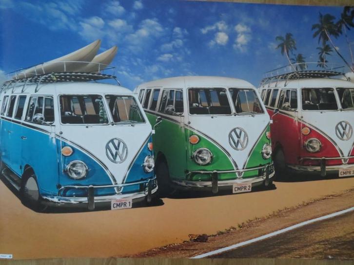 POSTER - VW  Californian Campers ( 3 VW busjes ), Verzamelen, Posters, Zo goed als nieuw, Reclame, Deurposter of groter, Rechthoekig Liggend
