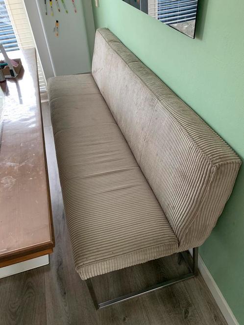Eetkamer bank (195 cm), ribstof met mat RVS onderstel, Huis en Inrichting, Banken | Bankstellen, Gebruikt, Rechte bank, 150 tot 200 cm