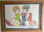 Vrolijke Tekening van Jongen, Meisje en Hond (Houten Lijst), Ophalen of Verzenden, Zo goed als nieuw, Wanddecoratie