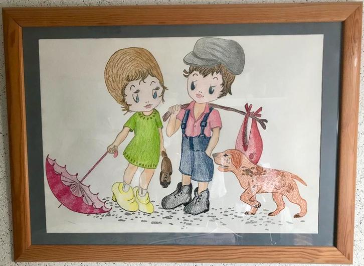 Vrolijke Tekening van Jongen, Meisje en Hond (Houten Lijst), Kinderen en Baby's, Kinderkamer | Inrichting en Decoratie, Zo goed als nieuw