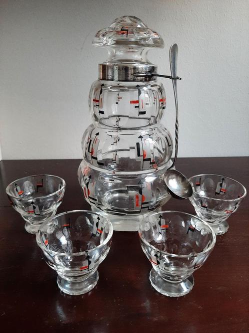 Prachtige art deco karaf, 4 glaasjes, zilveren hals en lepel, Antiek en Kunst, Antiek | Glas en Kristal, Ophalen of Verzenden