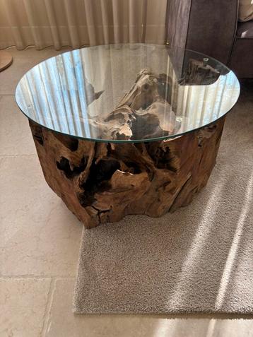 Salontafel van Teakhout met Glazen Blad – Ø 80 cm