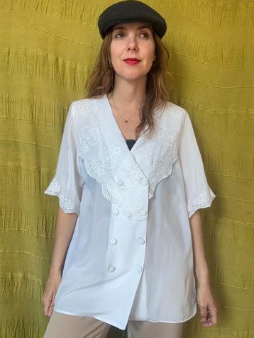 Vintage witte blouse - kraag - embroidery - 40/L/large beschikbaar voor biedingen