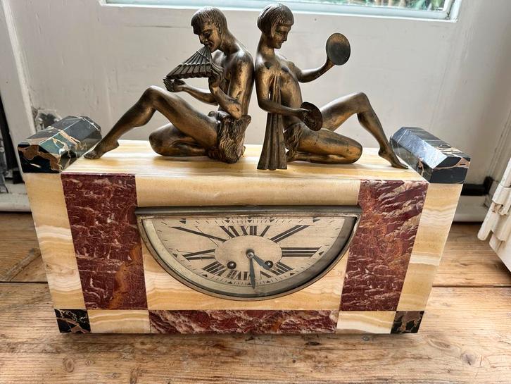 Art Deco Klok Onyx Marmer Muziekfiguren, Antiek en Kunst, Antiek | Klokken, Ophalen