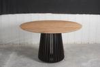 Luxe ronde eettafel (acaciahout) + 4 velvet stoelen z.g.a.n, Huis en Inrichting, Tafels | Eettafels, Ophalen, Metaal, Rond, Zo goed als nieuw