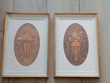 Ingelegd hout schilderijtjes achter glas beschikbaar voor biedingen